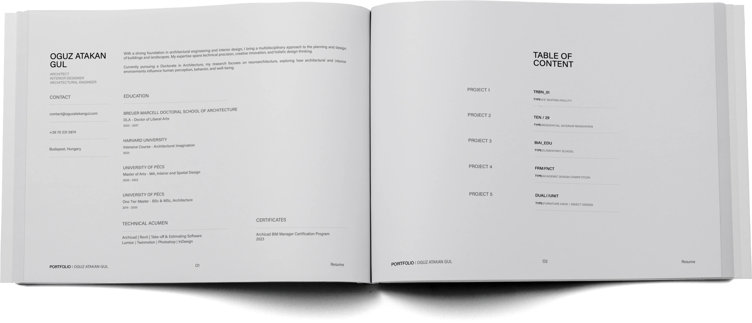 Portfolio pages 1–2 — professional profile and table of contents