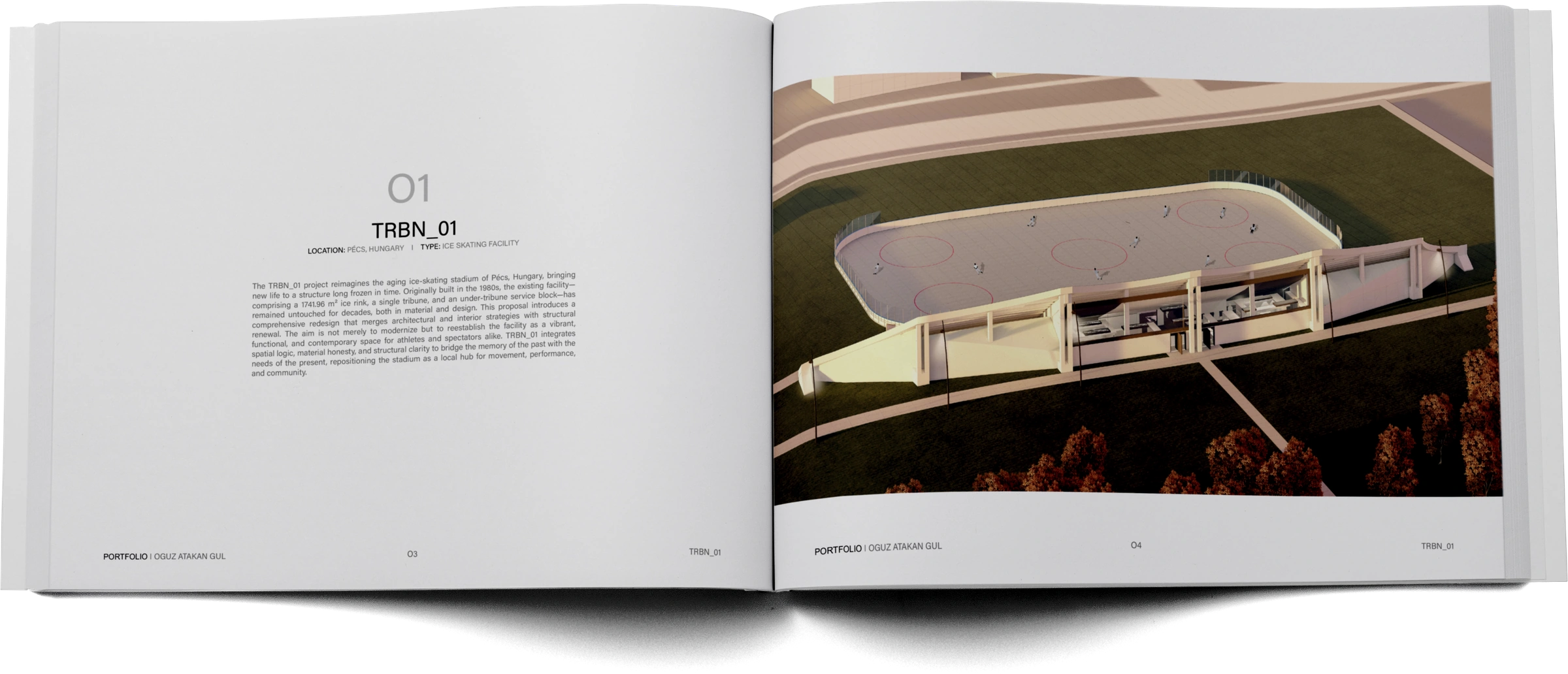 Portfolio pages 3–4 — TRBN_01 project introduction and exterior visualization