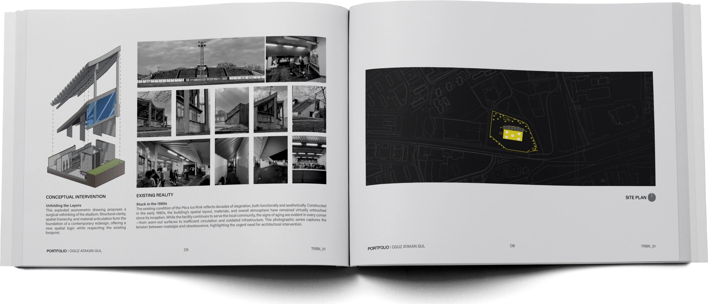 Portfolio pages 5–6 — TRBN_01 design concept, existing rink photographs and site plan
