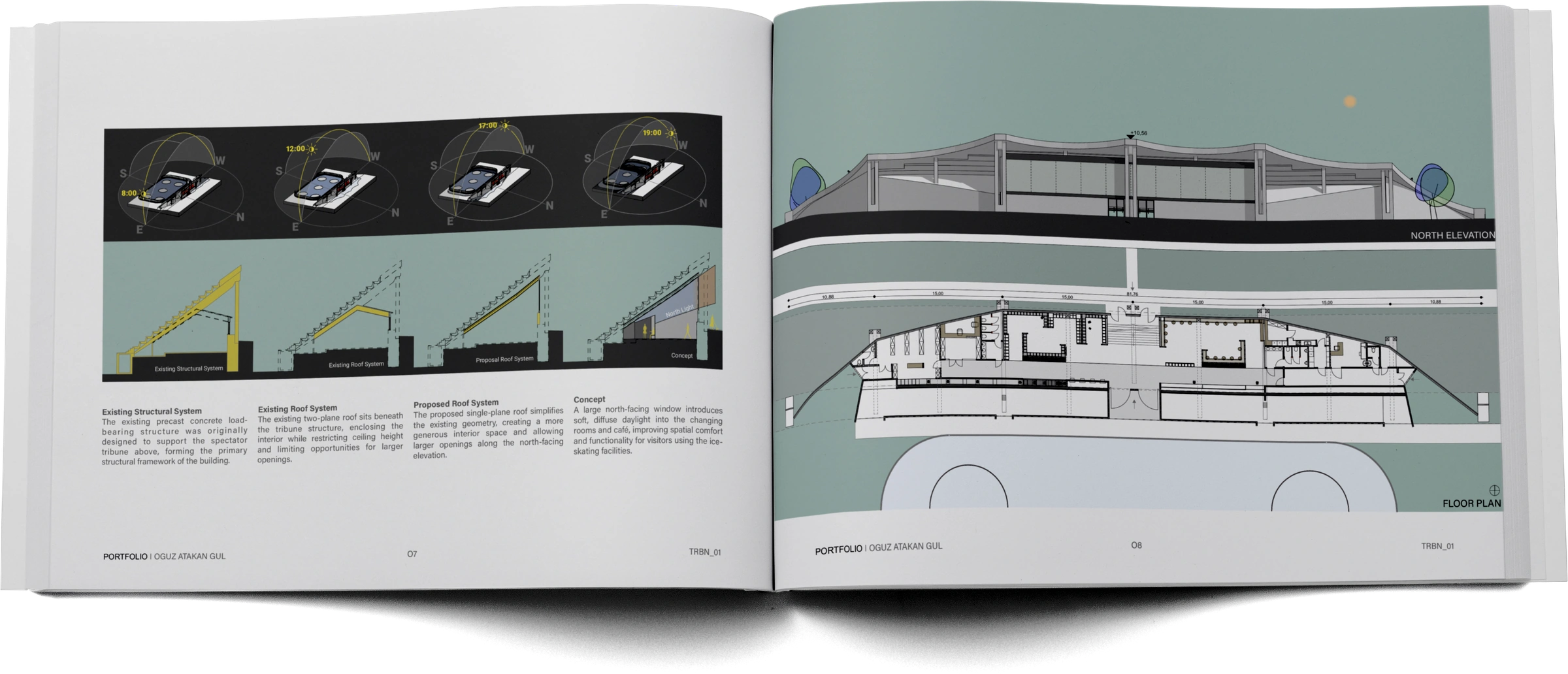 Portfolio pages 7–8 — sun-path and structural studies, north elevation and floor plan