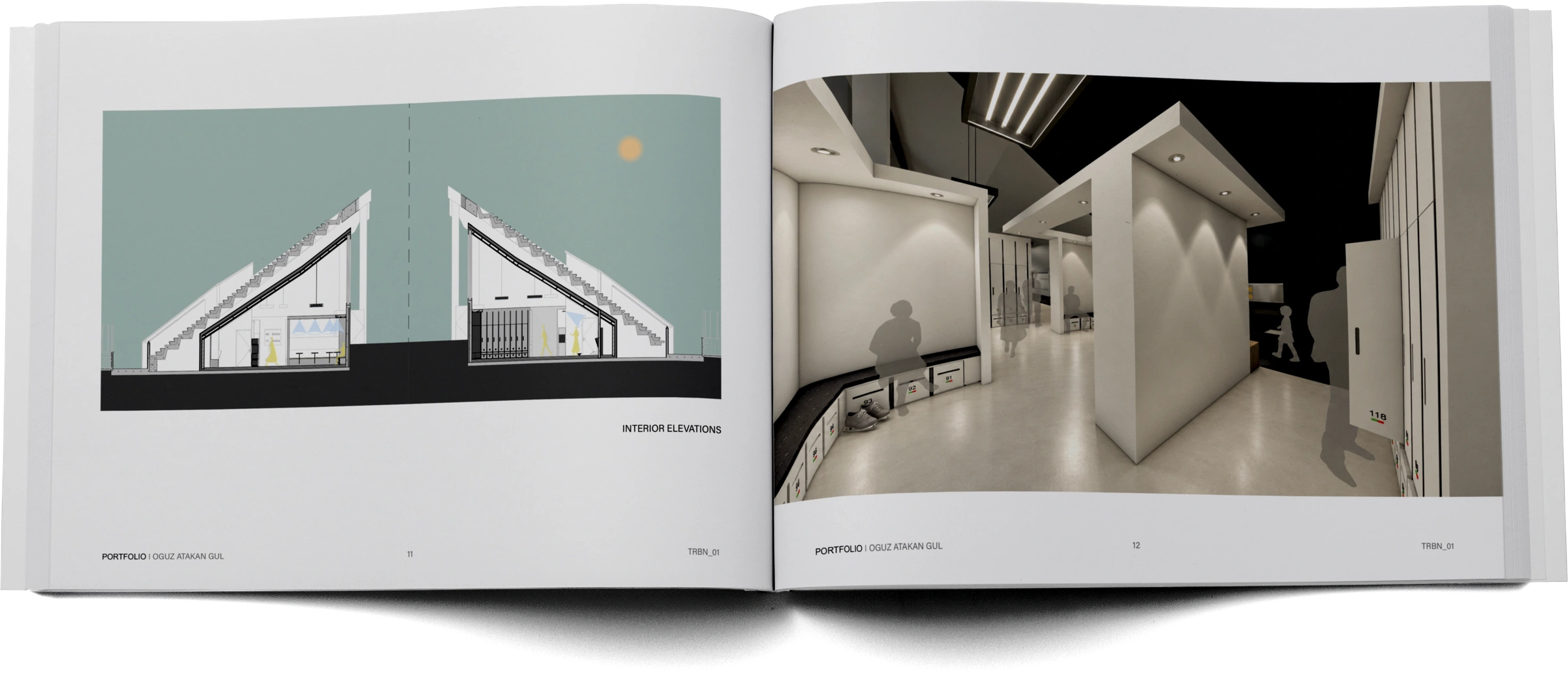 Portfolio pages 11–12 — interior elevations and locker-room visualization