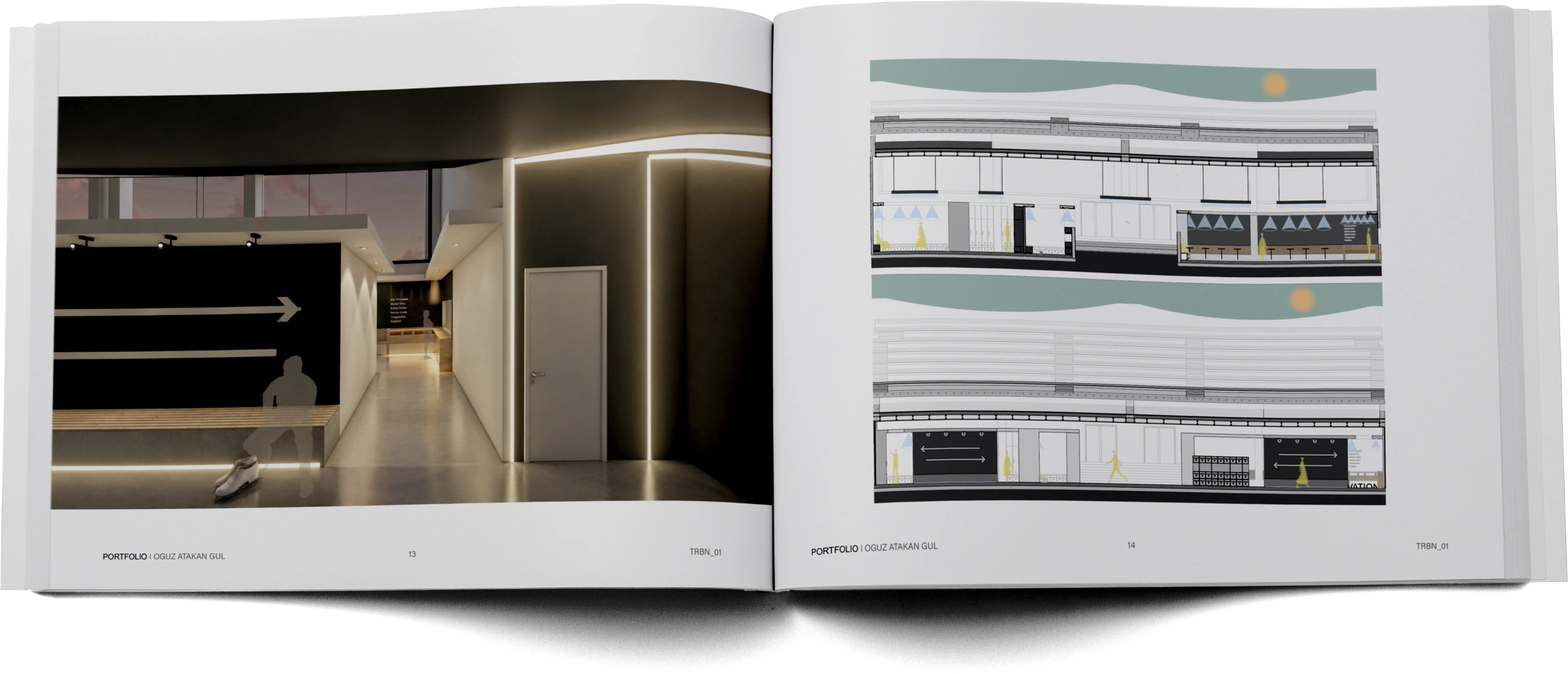 Portfolio pages 13–14 — corridor visualization and interior elevations