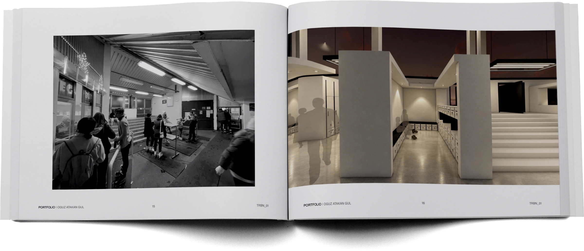 Portfolio pages 15–16 — existing interior photograph and locker-room visualization