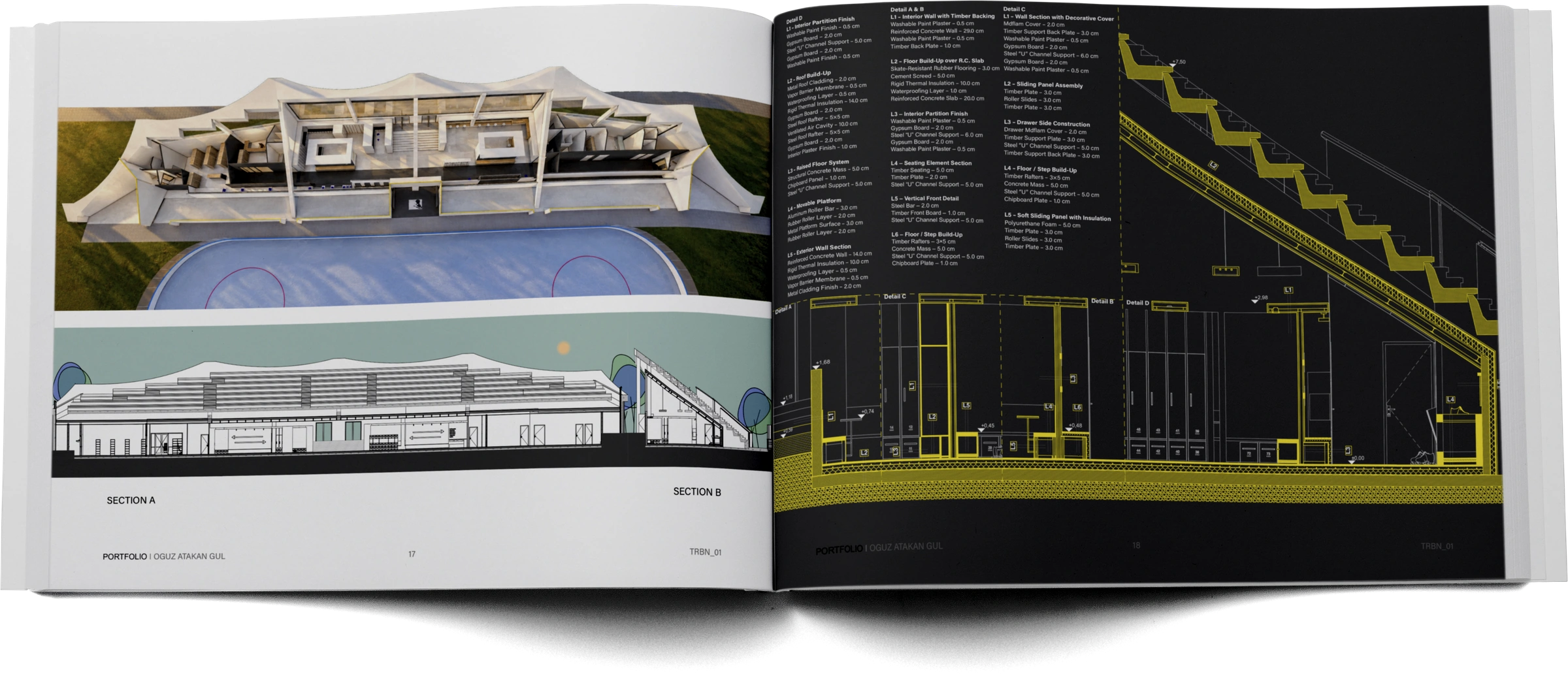 Portfolio pages 17–18 — building sections and construction detail