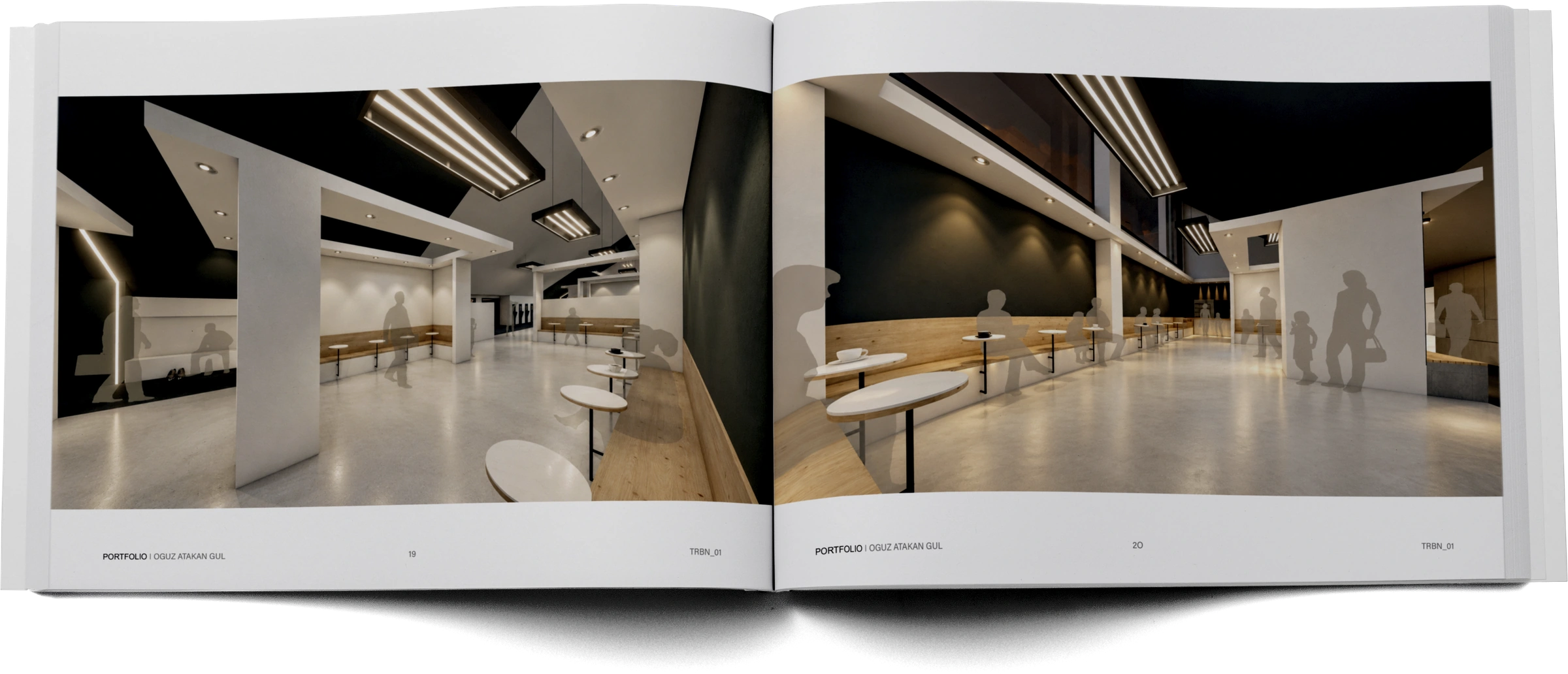 Portfolio pages 19–20 — seating and café interior visualizations