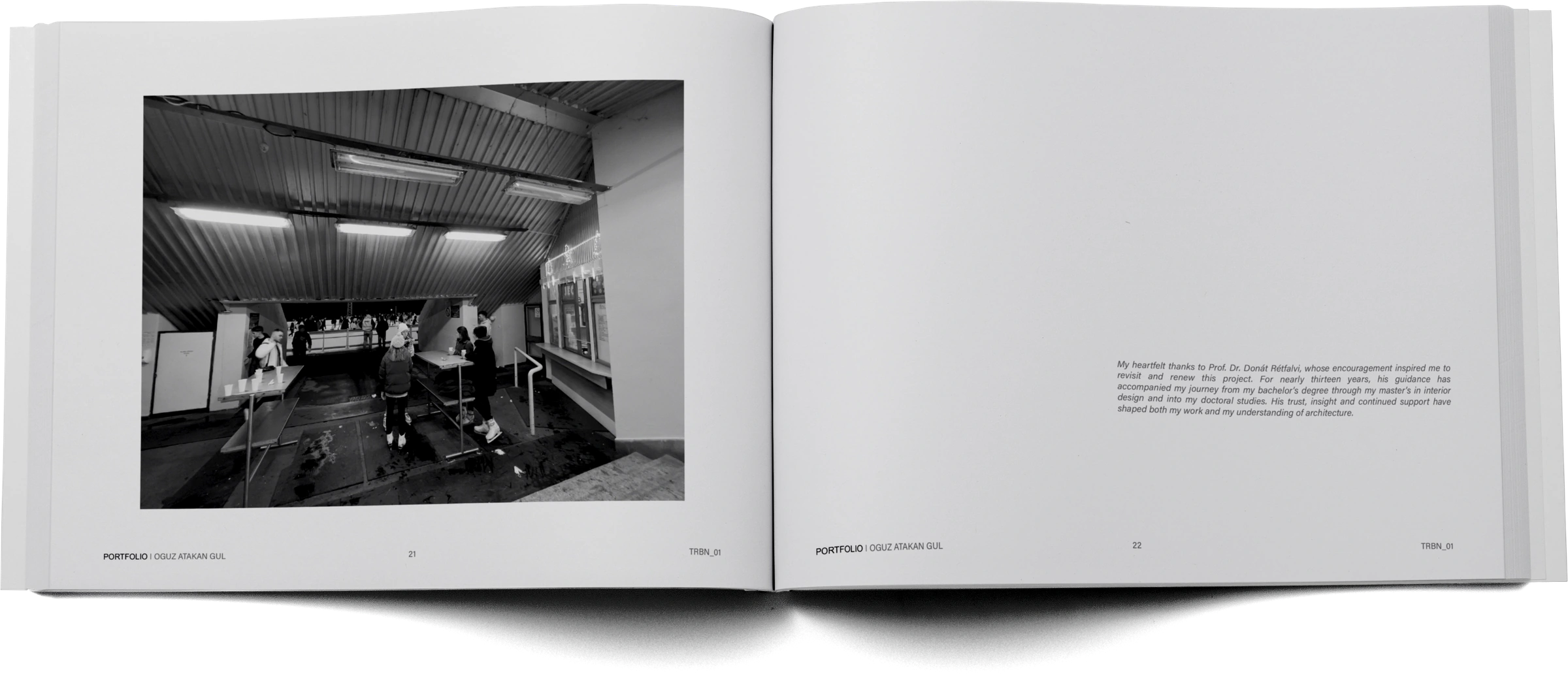 Portfolio pages 21–22 — existing interior photograph and acknowledgements